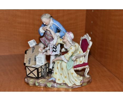 A LATE 19TH CENTURY MEISSEN SATIRICAL PORCELAIN FIGURE GROUP OF AN OLD LADY AND HER YOUNG LOVER EMBLEMATIC OF AVARICE, with a