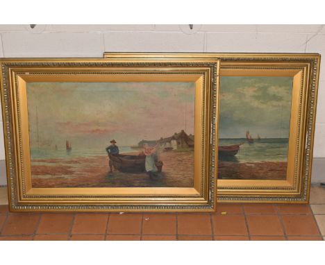 TWO UNSIGNED EARLY 20TH CENTURY COASTAL LANDSCAPES, the first depicts three figures on a beach with a boat, oil on canvas, ap