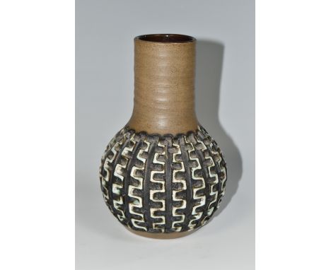 A GUY SYDENHAM FOR POOLE POTTERY 'ATLANTIS' RANGE VASE, an ovoid base with cylindrical neck, the body cut with vertical natur