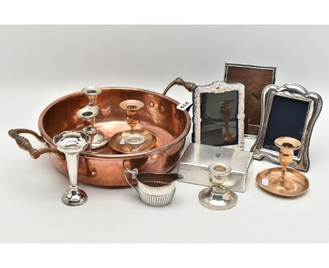 SILVER ITEMS AND A COPPER BOWL, to include a silver cigarette box, engine turned pattern with vacant cartouche, wooden interi