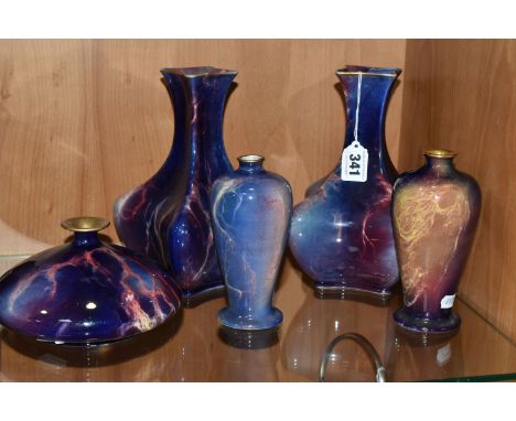 FIVE WILKINSON'S ROYAL STAFFS POTTERY ORIFLAMME VASES, with marbled purple and pink glazes, comprising a pair of lobed vases,