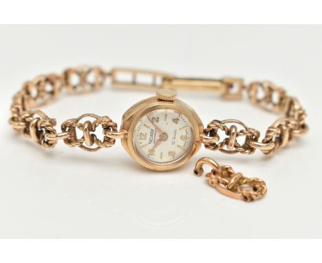 A 9CT GOLD LADIES WRISTWATCH, hand wound movement, round dial signed 'Rotary', Arabic and baton markers, yellow gold case, ap