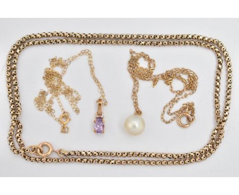 A CHAIN NECKLACE AND TWO PENDANT NECKLACES, the first a fancy link ball chain necklace, fitted with a spring clasp, approxima