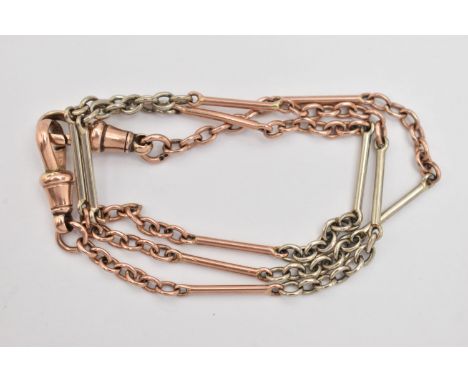 A BI-COLOUR CHAIN, rose and white metal alternating polished bars and chain links, fitted with two lobster clasps, stamped po