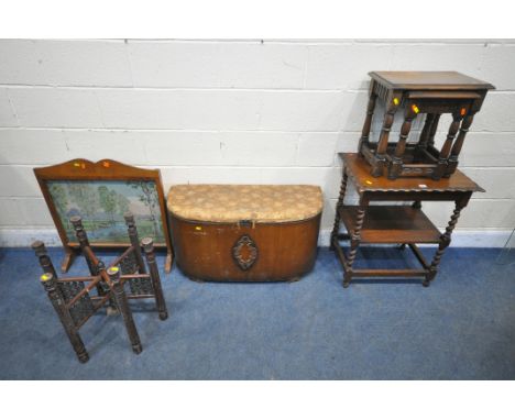 AN OAK BARLEY TWIST TWO TIER STAND, with a wavy top, width 61cm x 46cm x height 71cm, an oak nest of two tables, oak blanket 