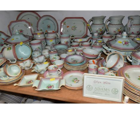 A LARGE ADAMS TEA AND DINNER SET IN HAND-PAINTED 'CALYX WARE' PATTERN to include coffee cups, teacups, saucers, tea plates, d