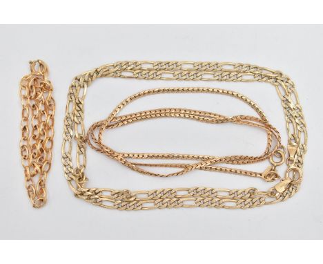 THREE CHAINS, the first a 9ct gold figaro chain necklace, fitted with a spring clasp, approximate length 415mm, hallmarked 9c