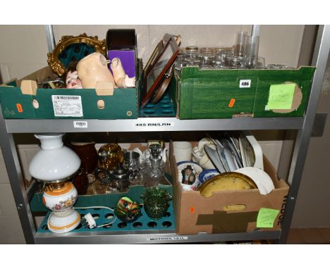 FOUR BOXES AND LOOSE GLASSWARE AND CERAMICS, to include a Fenton green hobnail double crimp vase, two Denby Stoneware jugs, a