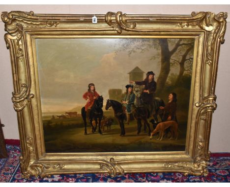 MANNER OF AELBERT CUYP 'LANDSCAPE WITH HUNTING PARTY', Dutch landscape with three men on horseback, oil on panel, possibly an