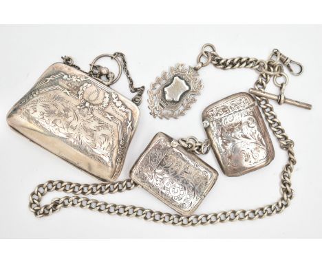 TWO SILVER VESTA CASES, A COIN PURSE AND AN ALBERT CHAIN, two rectangular vesta cases both with foliate patterns, with worn e