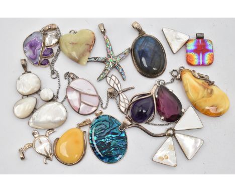 ASSORTED PENDANTS, to include two large white metal and mother of pearl pendants (one AF) each stamped 925, a white metal mot