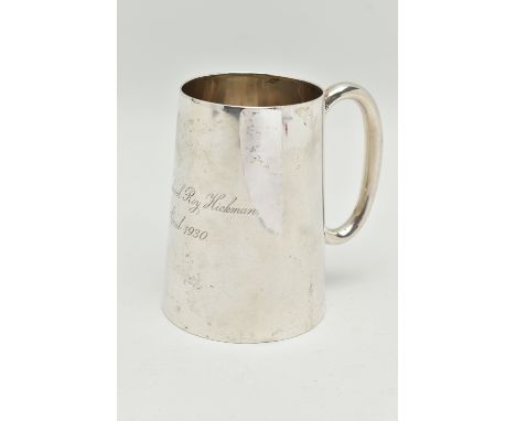 A GEORGE V SILVER CHRISTENING CUP, polished cup, personal engraving reads 'David Michael Roy Hickman 11th April 1930', hallma