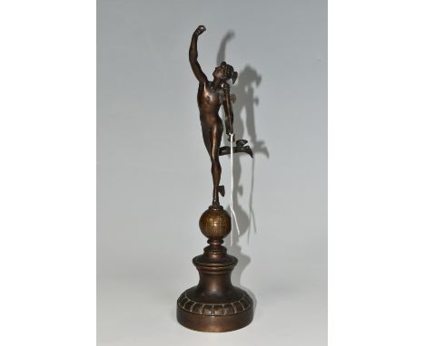 A SMALL BRONZED FIGURE OF HERMES, standing on top of a globe, on a socle base, unsigned, height 31cm (1) (Condition Report: a