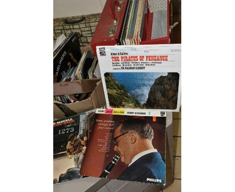 ONE BOX AND TWO CASES OF VINYL LPS AND SINGLES approximately forty records to include classical, pop and easy listening LPs a