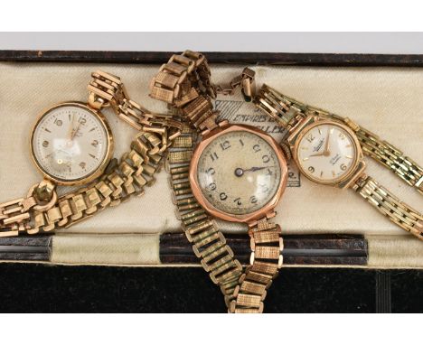 THREE LADIES 9CT GOLD WRISTWATCHES, to include an early 20th century manual watch, inside case back hallmarked 9ct Birmingham