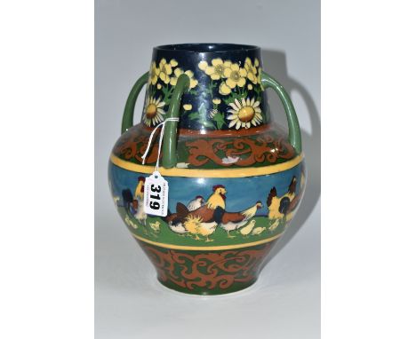 A WILEMAN &amp; CO FOLEY INTARSIO 'POULTRY' PATTERN FOUR HANDLED VASE, model 3279, decorated with a band of chickens and duck