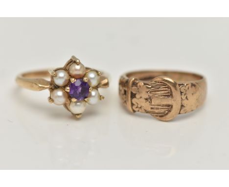 A 9CT GOLD RING AND A GEM SET RING, a 9ct gold buckle ring with floral detail, hallmarked 9ct London 1973, ring size G 1/2, a