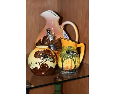 THREE PIECES OF FRENCH POTTERY WITH APPLIED CICADAS, comprising a Sicard jug, height 21cm, a small bulbous vase impressed 'J.