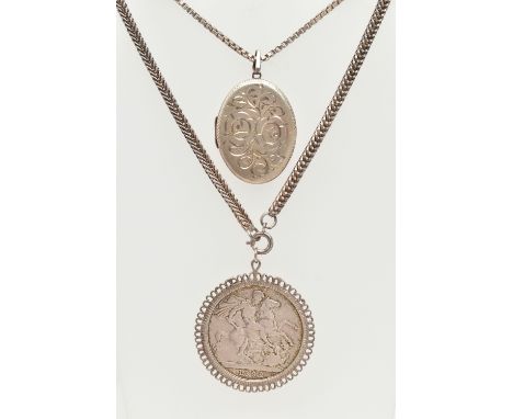 TWO ITEMS OF JEWELLERY, the first a silver oval locket suspended from a box link chain, the second a Victorian silver crown, 