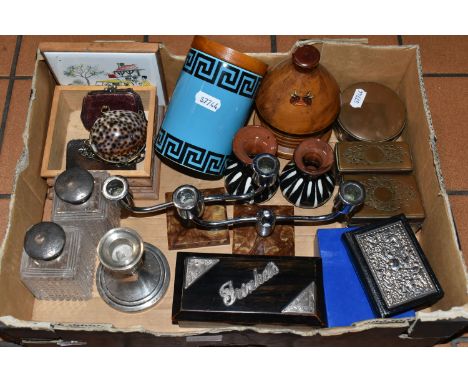 A BOX OF SILVER, CERAMICS AND MISCELLANEOUS ITEMS, to include a silver candlestick, hallmarked Birmingham 1963, scent bottles