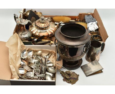 A BOX OF ASSORTED WHITE METAL WARE, to include boxed sets of cutlery, EPNS tankard, teapots, condiment pieces, candle sticks,