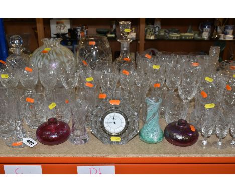 A LARGE SELECTION OF GLASSWARE INCLUDING A WATERFORD CRYSTAL CLOCK, TOGETHER WITH A VARIETY OF THOMAS WEBB GLASSES, for wine,