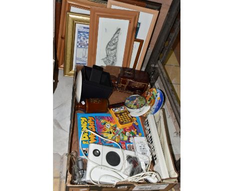 TWO BOXES AND LOOSE CERAMICS, ELECTRONICS, PICTURES AND SUNDRY ITEMS, to include a boxed, cased LG Schneider Kreuznach mobile