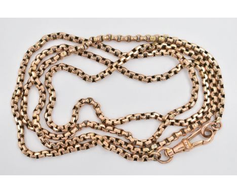 A YELLOW METAL LONGUARD BELCHER CHAIN, fitted with a lobster clasp, clasp stamped 9ct, jump ring stamped 9.375, length 840mm,