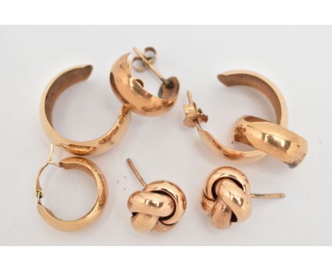 AN ASSORTMENT OF EARRINGS, the first a pair of yellow gold knot stud earrings, hallmarked 9ct Sheffield import, approximate g