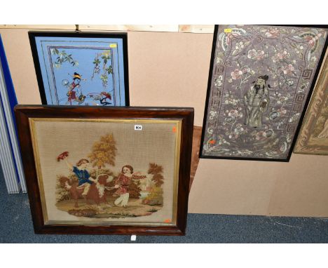 19th / 20th CENTURY NEEDLEWORK PICTURES, comprising a Chinese embroidered silk panel depicting a male figure surrounded by bl