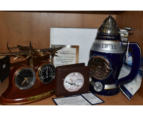 AN APOLLO 11 STEIN, LANCASTER DESK CLOCK AND HEROES OF THE SKY WALLET, all by The Bradford Exchange, comprising an Apollo 11 