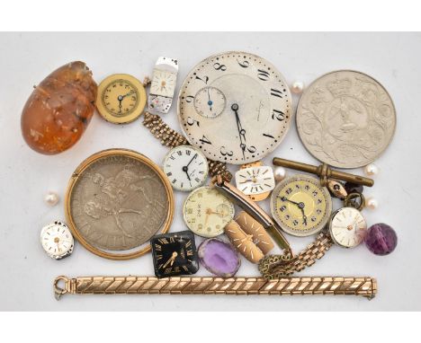 A SMALL QUANTITY OF ITEMS, to include two commemorative coins, ladies and gents watch movements names to include 'Zodiac, Lon