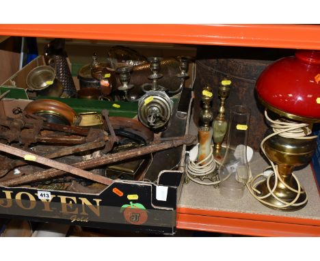 TWO BOXES OF METALWARE AND LAMPS, silver plated tea caddy and commemorative bowl, copper jugs, brass roasting jack, metal hat