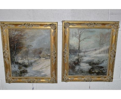 AUSTIN WINTERBOTTOM (1860-1919) TWO WINTER LANDSCAPES, the first depicts a stream running through a wooded landscape with a c