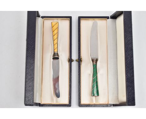 TWO CASED 'RAADVAD' DANISH TEA KNIVES, with guilloche enamel detail, approximate length 116mm, both signed 'Raadvad stainless