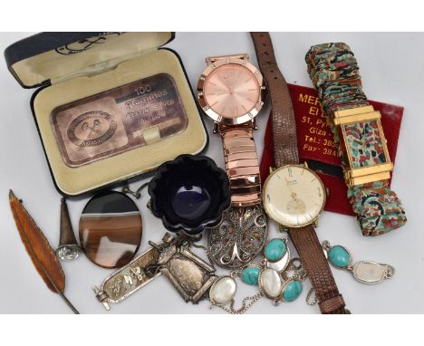 A SMALL BOX OF ASSORTED ITEMS, to include a cased 'Johnson Matthey Bankers Limited' 100 grammes 999 Fine Silver Bullion, stam