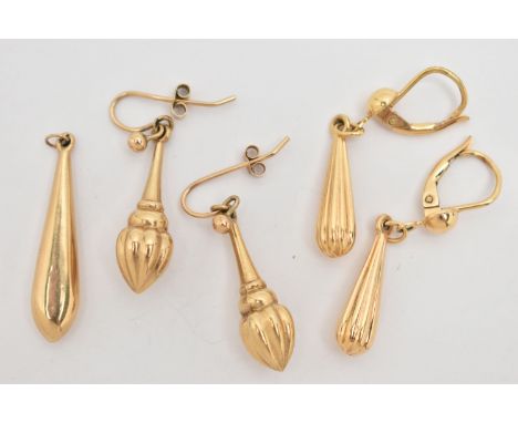 A SMALL SELECTION OF EARRINGS, the first a yellow gold pair of drop earrings with lever fittings, hallmarked 9ct Sheffield, a