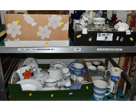 FOUR BOXES AND LOOSE CERAMICS AND GLASSWARE, to include a boxed Wedgwood for Russell Hobbs coffee pot, a wooden cased Thomas 