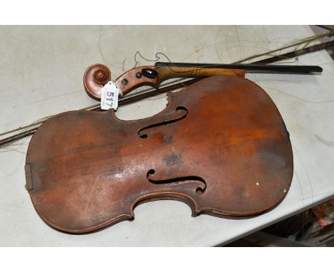 A VIOLIN IN NEED OF ATTENTION, two piece back, no visible maker's label but bears a label reading 'date 1830', with a bow mar