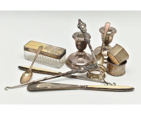 ASSORTED SILVER ITEMS, to include a pair of silver dwarf candle sticks, on round weighted bases, hallmarked Birmingham, a gla