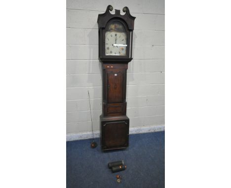 A GEORGIAN OAK EIGHT DAY LONGCASE CLOCK, with twin swan neck pediment, above an arched door that's enclosing a 12.5 inch pain