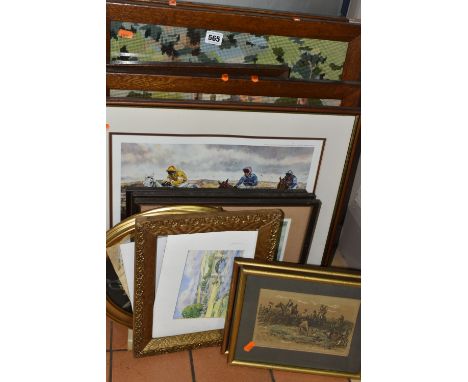 A SMALL QUANTITY OF PICTURES AND PRINTS ETC, to include a signed limited edition print by D. M. Dent 'Three from home' the Na