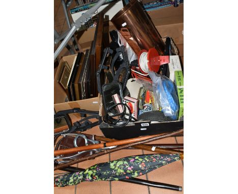 TWO BOXES AND LOOSE AUTOMOTIVE ITEMS, PICTURES, WALKING STICKS AND SUNDRIES, to include two pairs of extended vehicle wing mi