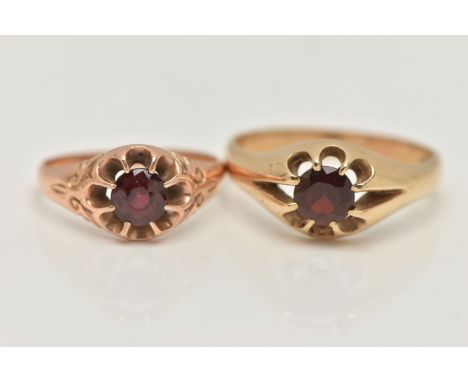 TWO GARNET SET RINGS, the first a gents 9ct gold, garnet gypsy set ring, hallmarked 9ct Birmingham, ring size T, approximate 