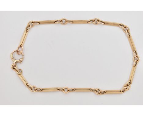 A 9CT GOLD FANCY LINK BRACELET, designed as a row of polished bars interspaced with jump rings, fitted with a spring clasp, l