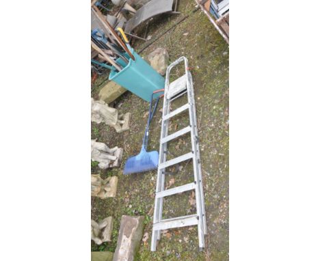 AN ALUMINIUM STEP LADDER AND ABIN CONTAINING GARDEN TOOLS including leaf grabber, rakes, spades etc (step ladder 190cm long)