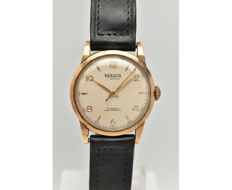 A GENTS 9CT GOLD 'BERNEX' WRISTWATCH, manual wind, requires some attention, round silver dial signed 'Bernex, 17 jewels, inca