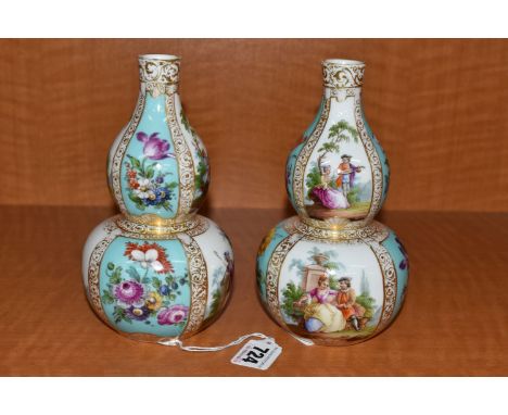 A PAIR OF LATE 19TH CONTINENTAL PORCELAIN VASES OF DOUBLE GOURD FORM, hand painted with alternating panels of courting couple