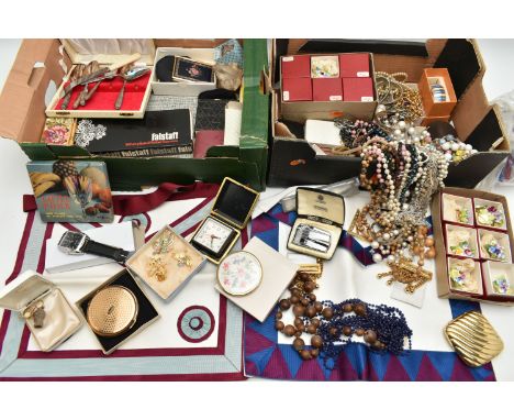 TWO BOXES OF ASSORTED ITEMS, to include imitation pearl necklaces, beaded necklaces, arm cuffs, cufflinks, two boxes of ceram
