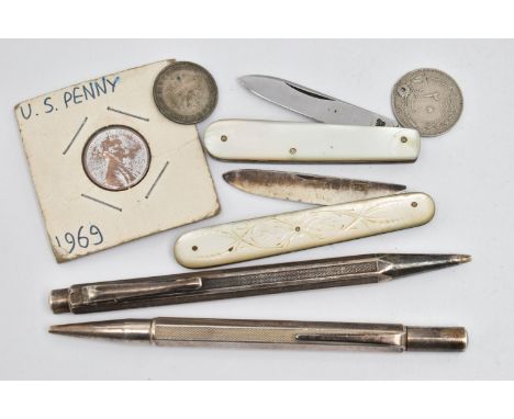 A SELECTION OF ITEMS, to include two engine turned pens, one with silver hallmark, stamped WM Ltd, the second stamped SIG Neu